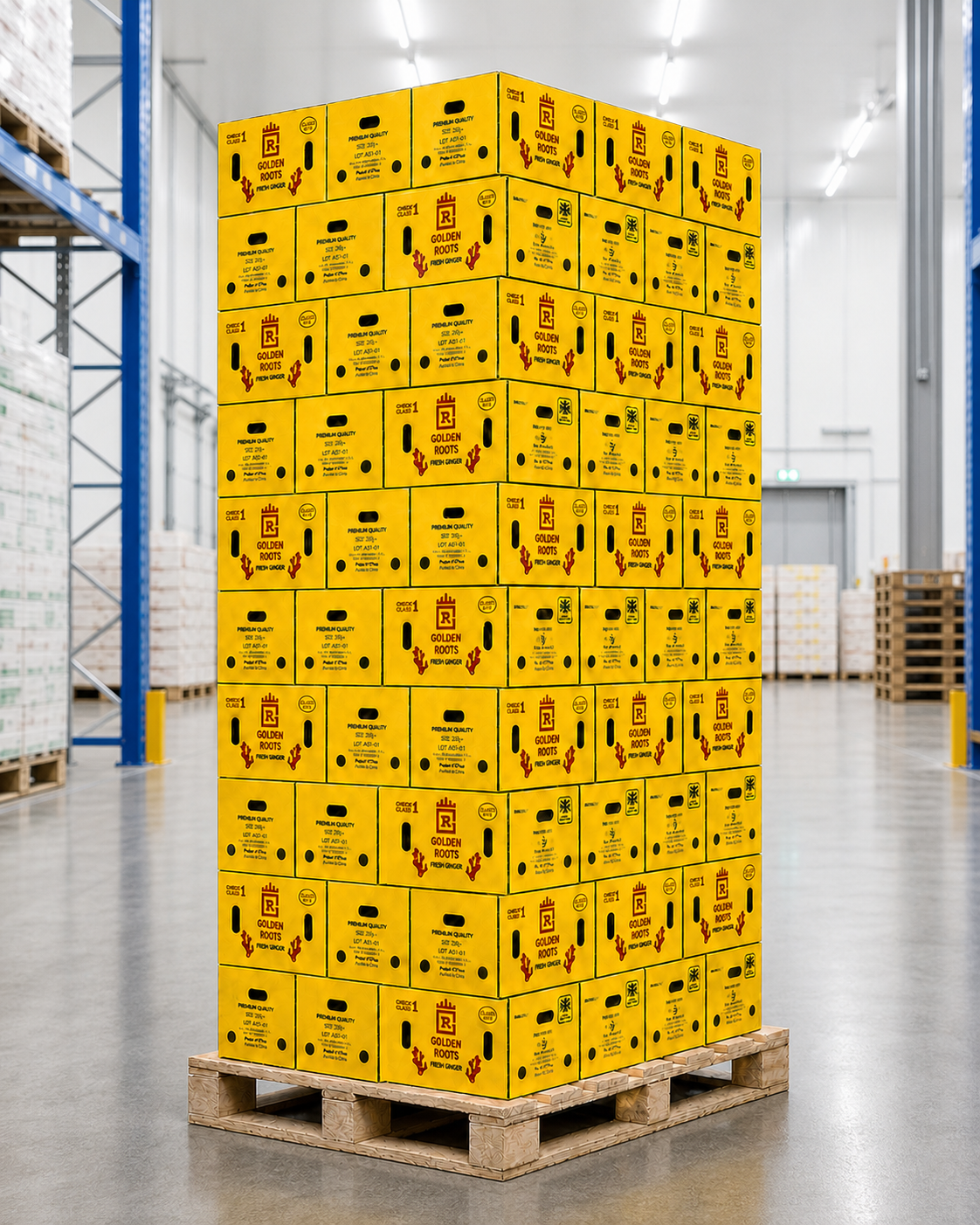 Cartoni gialli di zenzero fresco Golden Roots Classic disposti su un pallet completo in legno