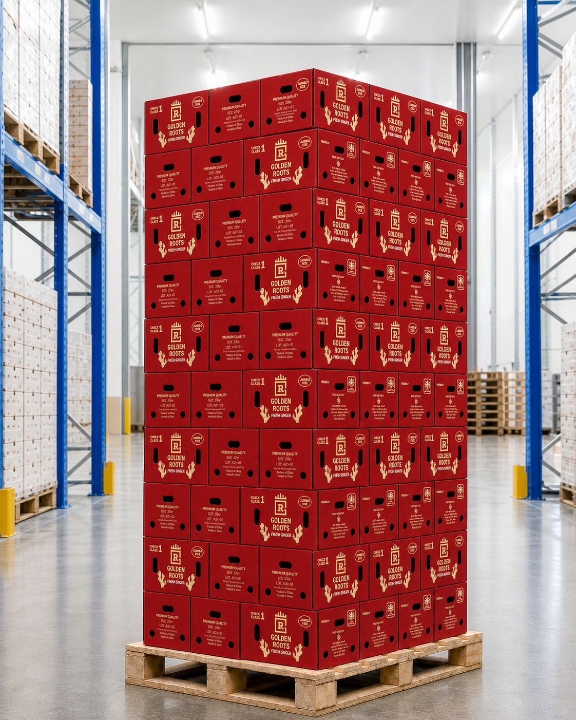 Cartoni rossi di zenzero fresco Golden Roots Jumbo disposti su un pallet completo in legno