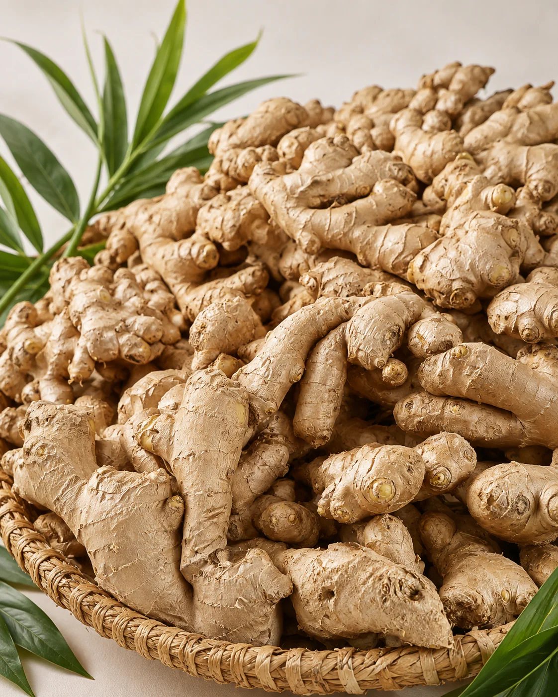 Golden Roots fresh ginger presented in a woven basket