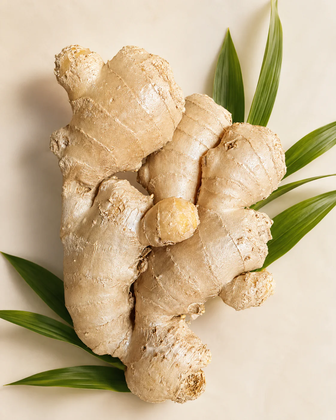 Single fresh whole ginger root with green leaves