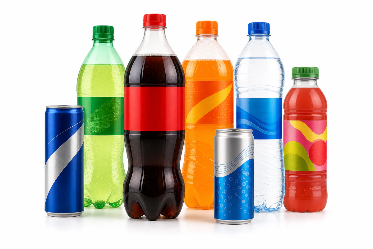 Assorted bottled and canned soft drinks
